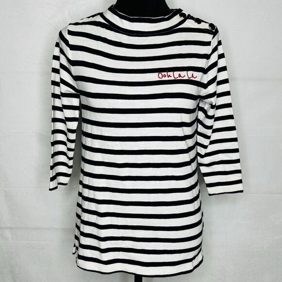 Talbots Petite Sz Ooh La La Cotton Long Sleeve Top Buttons One Shoulder Striped - Picture 1 of 12